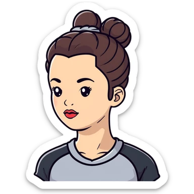 cartoon sticker of a clean girl with dewy skin, glossy lips, hair in a bun, wearing athleisure sticker