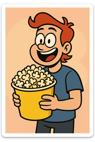 popcorn in a yellow bucket, cartoon style, cheerful, simple background sticker