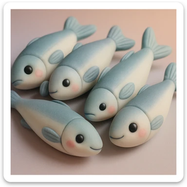 a group of anchovies with cute faces, fondant cake art style, pastel palette, no text sticker