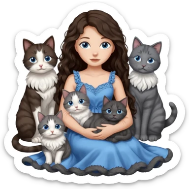 detailed realistic looking a dark grey and white cat regally sitting with six other cats, cuddling with their owner who is a pretty bratz lightly tanned white girl with long dark brown hair, blue eyes and gorgeous long wavy hair wearing a pretty detailed dress sticker