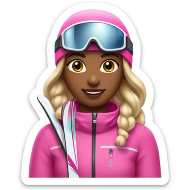 Black Skier girl with long hair in pony tail, black eyes and pink gear show skis and legs  sticker