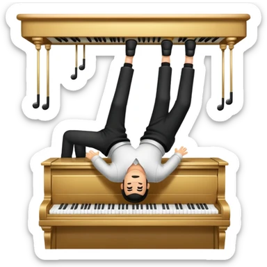 Man playing the piano while hanging upside down sticker