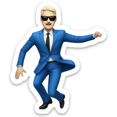 A white-skinned man in a blue suit, square sunglasses dances to the music in full height sticker