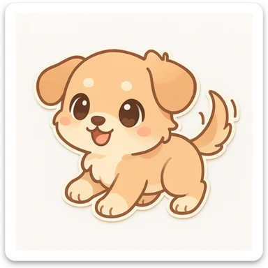 chibi sticker of a playful puppy with a wagging tail, pastel colors, big eyes, white background sticker