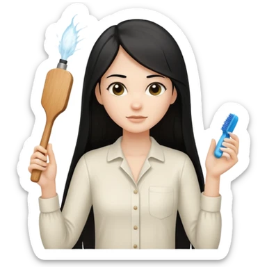 A white woman with long, straight black hair, wearing an ivory-colored shirt, holding a small square wooden paddle hairbrush in her left hand and spraying a hair mist bottle with her right hand toward her hair. sticker