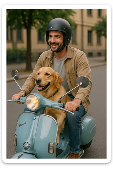 man and his pet dog riding a vespa sticker
