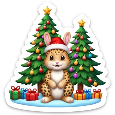 Smiling Bunny with Santa hat sitting by a Leopard and brightly lit colorful Christmas trees and candy canes 🎁  sticker