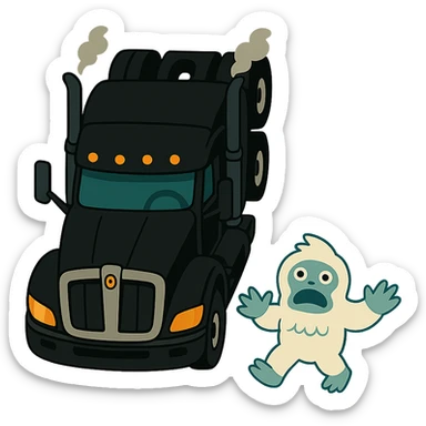 Remove the background, keep only the modern black Kenworth W680 flat top semi sleeper and the small yeti (abominable snowman), top-down vibrant toon style, animated style, no text. sticker