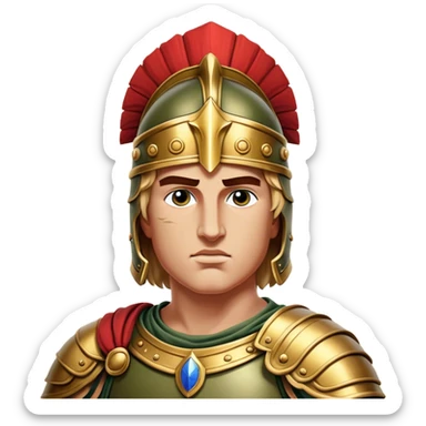 Cinematic Realistic Alexander the Great Portrait Emoji, depicted as a bold, charismatic ancient conqueror in regal armor with a commanding gaze, rendered with lifelike textures and dramatic heroic lighting that captures his legendary ambition. sticker