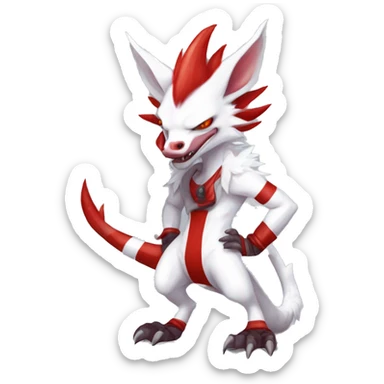 White edgy cute badass epic anthro modern albino sergal-vernid-Fakémon with red mane and red eyes, red stripes, red horns,  full body sticker