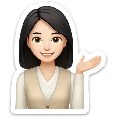 A woman with light to medium-toned skin, black shoulder-length straight hair, almond-shaped eyes, joyful smile, wearing a white long-sleeve top and a light beige sleeveless open-front vest, exuding warmth and elegance. sticker