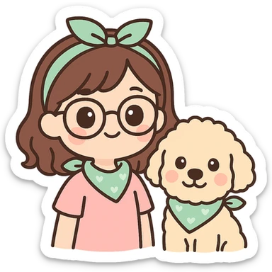 chibi style brunette female with glasses and her cream colored goldendoodle both wearing matching bandanas sticker