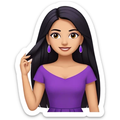 beautiful woman boss, with long straight black hair, with make up, black eye liner, smile, mexican, brown skin, wearing purple dress, she stand up, she replace hair behind her ear sticker