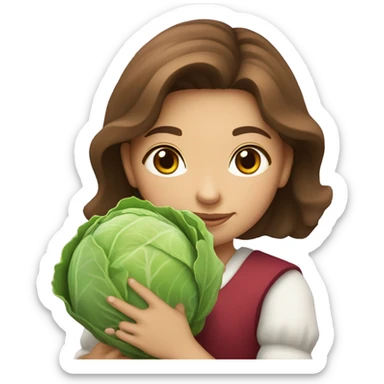 Girl with brown hair hold in hands a cabbage and name “CAPUSTA” sticker