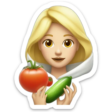 blonde girl  eating  cucumber and tomatoes with white hoodie iridescent and a crown princess sticker