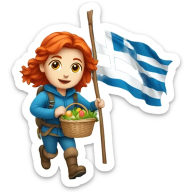 red hair female winter mountaineer climbing with Easter basket and Greek flag sticker