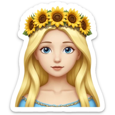 portrait woman long blonde hair blue eyes white skin wearing sunflower halo crown sticker