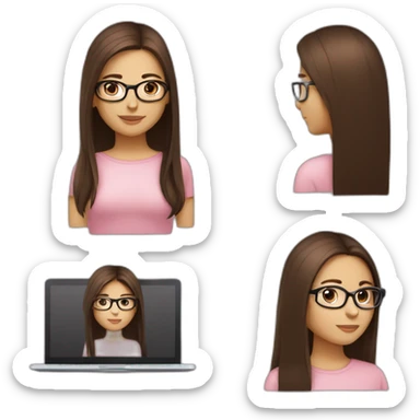 Beautiful woman, white skin, with glasses Color pink nude, with long straight hair dark brown color, dark brown eyes, with a laptop, with basic outfit in nude color and comfy sticker