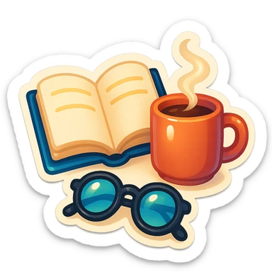 book, coffee cup, and glasses arranged together as a cozy reading scene, retro stickers style, clear outlines, strong shadows and highlights, fun and not too complex sticker