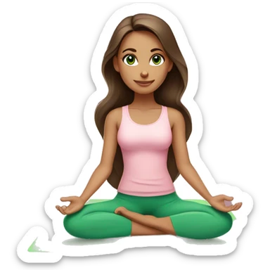 brunette long hair and green eyes yoga girl in light pink clothes sitting on a yoga mat sticker