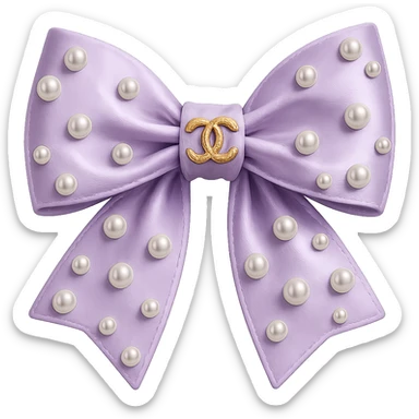 Remove the background, keep only the elegant bow with pearls and gold Chanel logo, glossy, pastel colors, realistic style, with no background. purple sticker