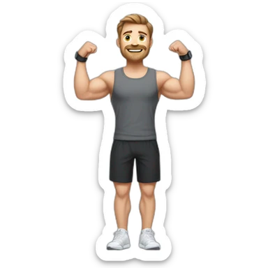 Full height realistic Actively gesturing with hands Pale skinned Fit Man With the biceps and brown hair in dark gray Sleeveless Mike, black oversize sports shorts, watch and white Sneakers sticker