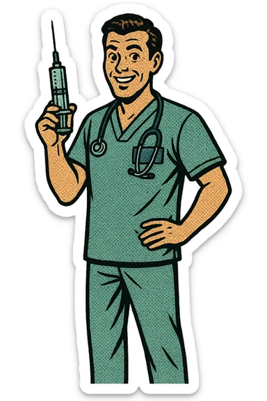 A full body of a friendly male nurse who is holding a vaccination syringe close to his body sticker