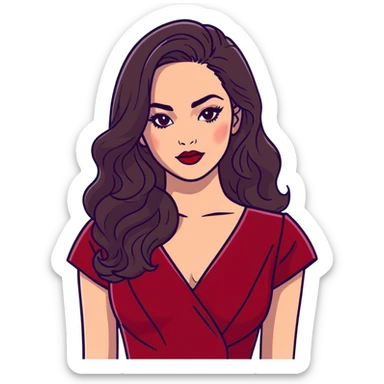 High-profile artistic woman with radiant complexion, long voluminous dark hair with soft waves, large almond eyes with bold eyeliner, defined brows, glamorous red lipstick, wearing sophisticated wine red velvet dress with V-neckline, elegant confident expression sticker
