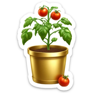 Tomato plant with tomatoes on in a gold pot sticker