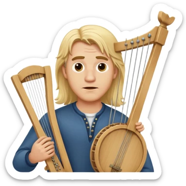 Man with long blonde hair looking clueless holding a lyre sticker