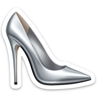 A pair of high heel shoes emoji made of polished silver chrome, elegant sharp silhouette, smooth metallic surface, glossy reflections, luxury sexy vibe, minimalistic iOS emoji style, centered, clean white background sticker