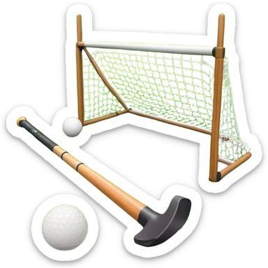 field hockey stick and ball on green grass field with goalposts in background sticker