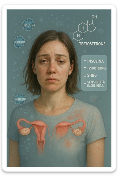 Donna tra i 25 e i 35 anni in primo piano, con espressione affaticata. Intorno al suo corpo appaiono in modo stilizzato e simbolico squilibri ormonali: molecole di insulina in eccesso fluttuano attorno, androgeni (testosterone) evidenziati sopra la testa, segnali visivi di infiammazione cronica lieve. Sopra le ovaie (visibili in trasparenza) compaiono piccole cisti multiple. Accanto a lei, un diagramma stilizzato mostra: '↑ Insulina', '↑ Testosterone', '↓ SHBG', '↓ Sensibilità insulinica'. L’atmosfera è scientifica, educativa ma empatica. Stile realistico con elementi infografici fluttuanti e colori freddi ma puliti. in italiano sticker