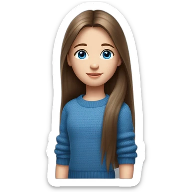Girl 10 years old. Long straight brown hair. blue knitted sports sweater, big blue eyes. sticker
