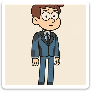 full body boy wearing a blue and black suit, neutral pose, cartoon style, simple background sticker