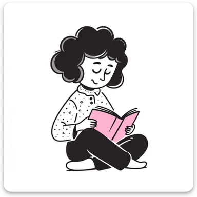 girly character with brown soft curly hair reading a pink book sticker