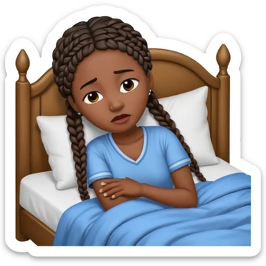 Black woman with braids in a big king size bed on one side by herself crying sticker