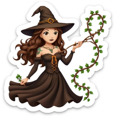 witch woman long wavy brown hair tattoos pulling vine ribbon slowly sticker