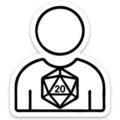 minimalist outlined icon of a player for DnD TTRPGs, worn distressed effect sticker