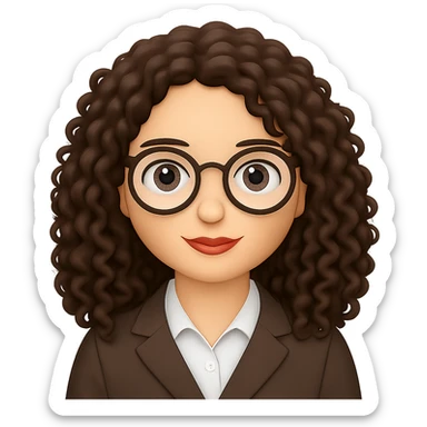 Change to round glasses, keep lady with long dark brown curly hair, in emoji style with no background. sticker