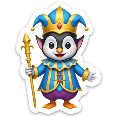 crazy colorful cute little penguin jolly joker, medieval, vintage, court jester, mac os icon, blue color sticker