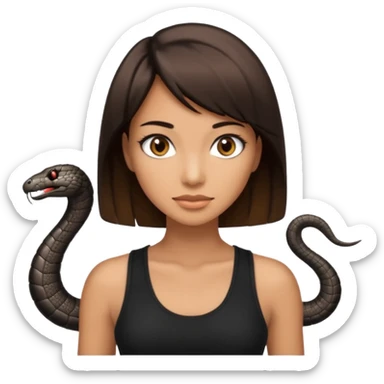 Femme brune yeux marron avec une coupe carré noir , femme couleur de peau typé, avec un cobra a côté , débardeur noir sticker