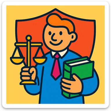 cartoon character with happy or neutral face holding a green book and a gold justice scale, shield in the background, vibrant toon style sticker