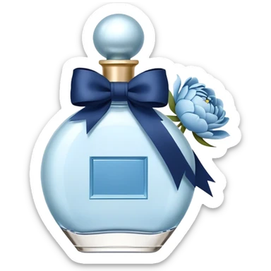 pearl blue vintage style perfume bottle and navy colored peonies and a powder blue bow sticker