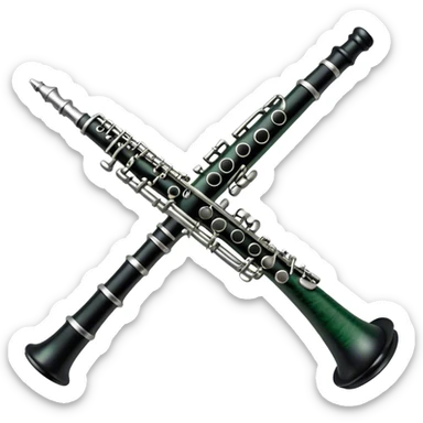 Create an elegant and refined emoji representing A clarinet. The design should showcase the sleek, black wood finish of the clarinet with its shiny metal keys and elegant detailing. Include the distinct, high-quality features, such as the unique greenish tint of the wood, giving it a modern and sophisticated look. Add subtle elements like the mouthpiece with the reed, emphasizing its importance in sound production. Use dark tones like ebony, silver for the keys, and soft light reflections to evoke a professional, classical feel. The background should be transparent. sticker