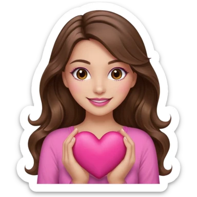 girl with long wavy brown hair, brown eyes, long lashes makeup, sexy pink lips, light to medium complexion, wearing a pink sexy top, smiling, holding a big heart sticker