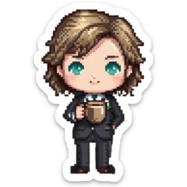 chibi office manager with coffee mug sticker