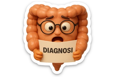 EMOJI STILE IPHONE DI UN INTESTINO CON GLI OCCHIALI CHE LEGGE UN FOGLIO CON LA SCRITTA DIAGNOSI, ESPRESSIONE STUPITA IN VOLTO, IPERREALISTICO 4K sticker