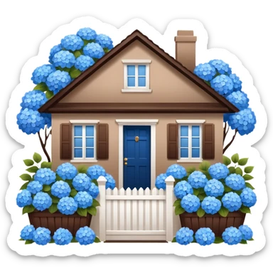 Brown house, white shutters, white fence, blue hydrangeas all over sticker
