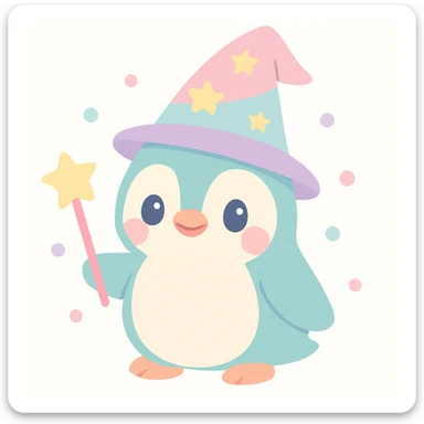 cute penguin wizard wearing a magical hat, holding a wand, cheerful expression, soft colors sticker
